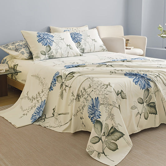 Four-Piece Floral Polyester Sheet Set with Fitted and Flat Sheets, Two Pillowcases and Four Sizes