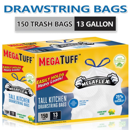 13-Gallon Scented Drawstring Trash Bags, 150-Count Pack in Three 50-Bag Rolls with Blue Ties
