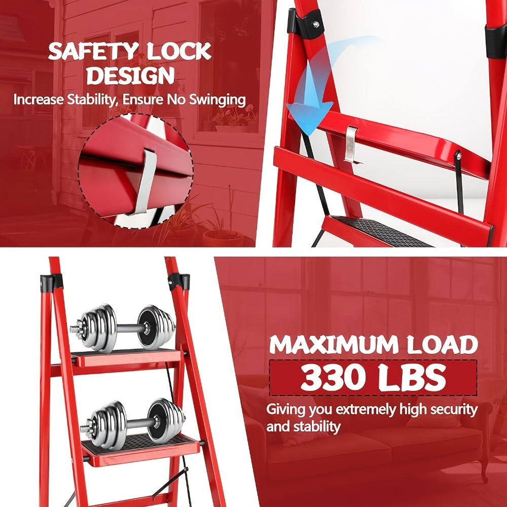 Folding Metal Step Ladder with Handrail, Ribbed Treads and Two-, Three-, Four- or Five-Step Options