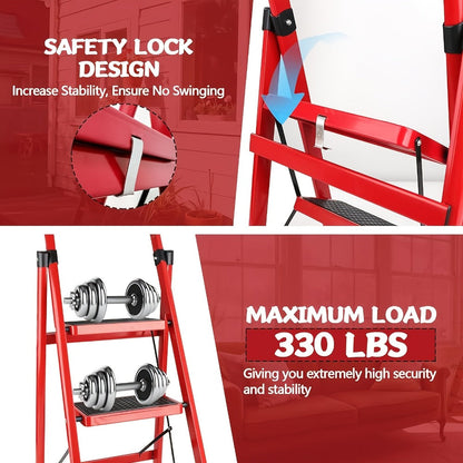Folding Metal Step Ladder with Handrail, Ribbed Treads and Two-, Three-, Four- or Five-Step Options