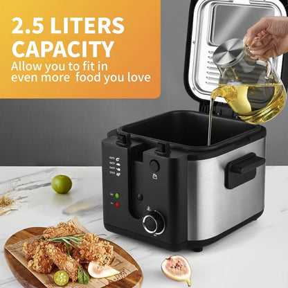 Black Deep Fryer in 1.5L to 6L Sizes with Foldable Basket Handle, Transparent Window and Removable Lid