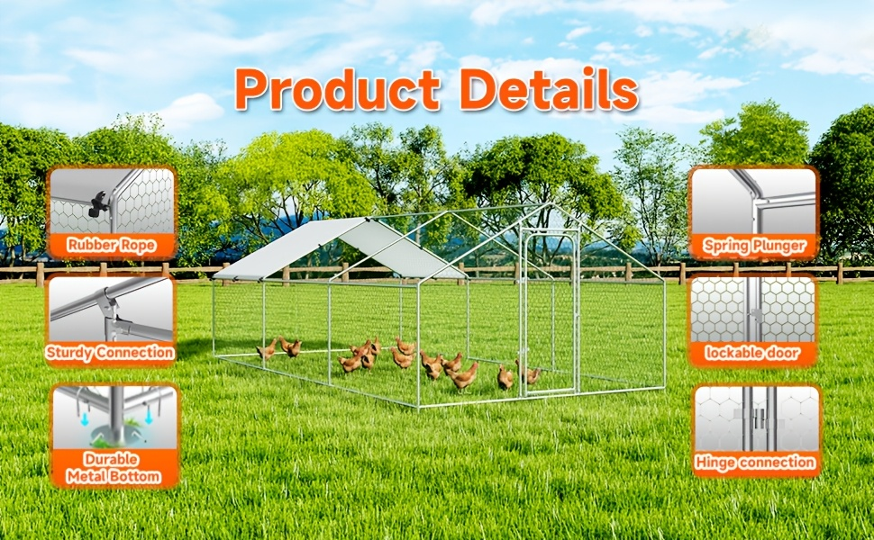 Dog Kennel Outdoor Large Metal Walk-in Chicken Run Pen Poultry Cage with Anti-UV Cover Movable Rack for Garden, Patio and Yard Use
