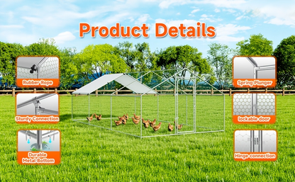Dog Kennel Outdoor Large Metal Walk-in Chicken Run Pen Poultry Cage with Anti-UV Cover Movable Rack for Garden, Patio and Yard Use