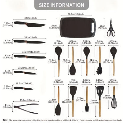 19-Piece Non-Stick Silicone Cookware Set with Bamboo Storage, Knives & Wooden Handle, Pots, Pans & Utensils for Induction & Oven