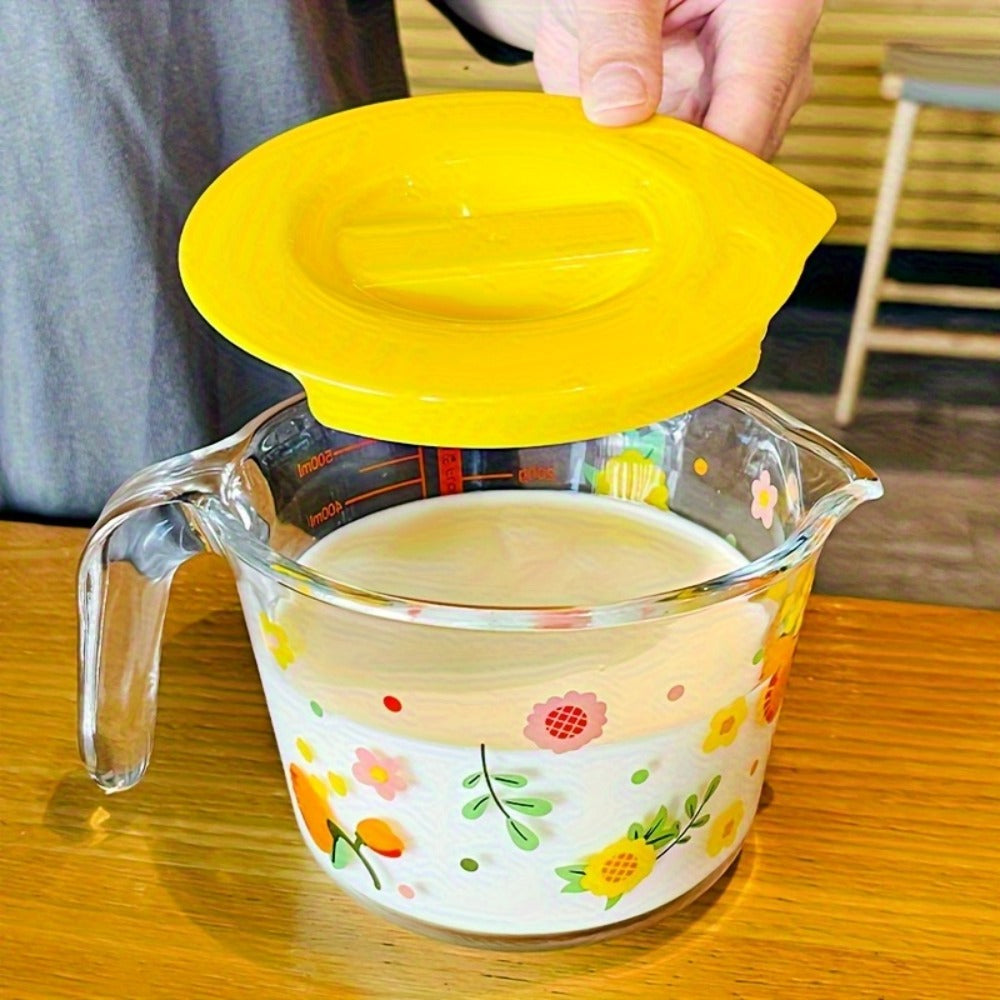 Glass Measuring Cup Floral Pattern Transparent Microwave Oven Freezer Safe 13.56 oz 16.91 oz for Home Cooking, Dining and Outdoor Meals