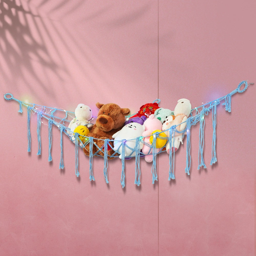 Stuffed Animal Storage Hammock with Lights Corner Hanging Toy Net Organizer for Nursery for Entryways, Bedrooms and Living Spaces