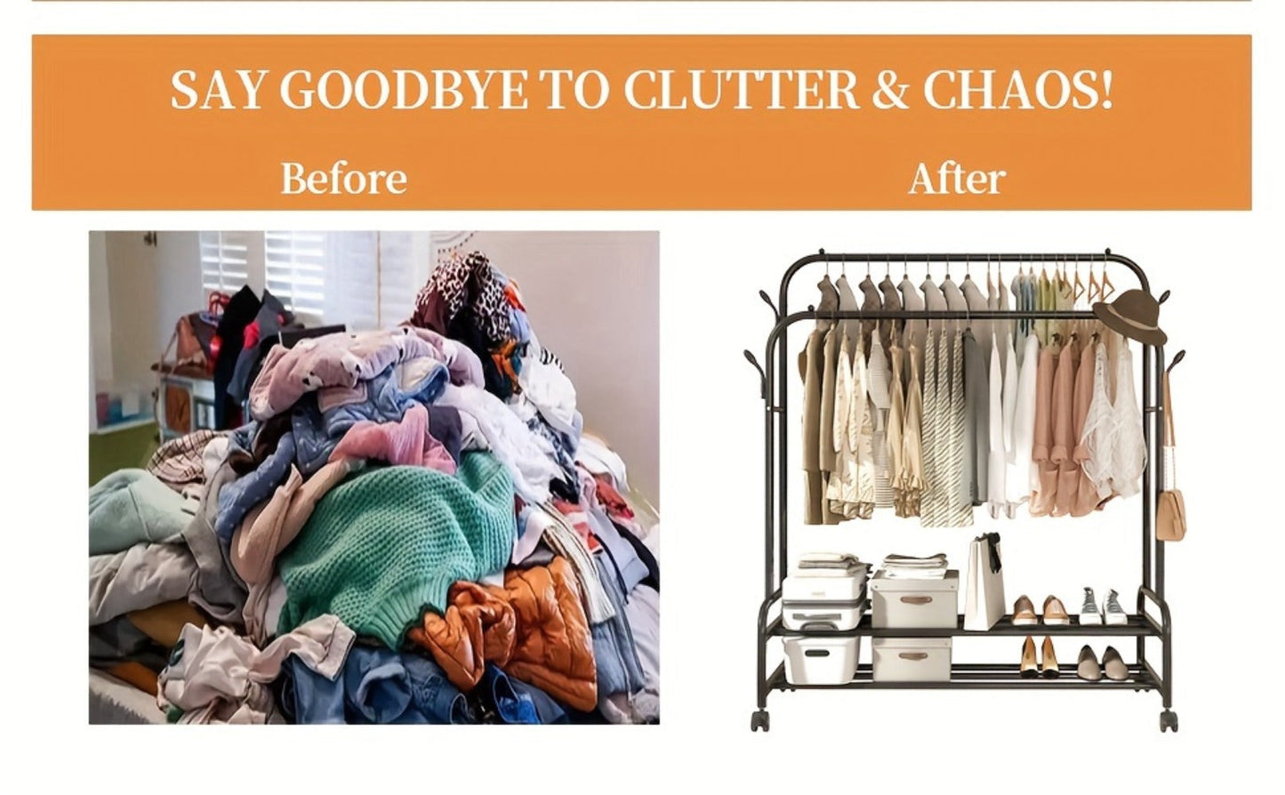 Double Rod Clothes Rack with Wheels Metal Garment Rack with Shelves and Hooks Portable Closet Organizer for Bedroom Living Room Gold