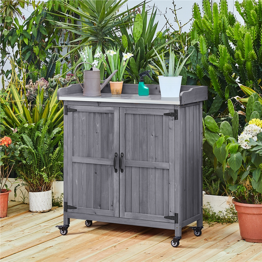 Rolling Potting Bench 3-Tier Wooden Garden Workstation Waist-High Galvanized Metal Top Lockable Casters for Garden, Patio and Yard Use