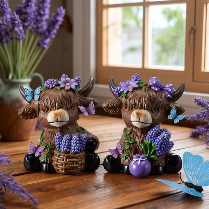 Scottish Highland Cow Figurines with Lavender - Resin Calf Statue Set of 2 for Home Garden Office Decor