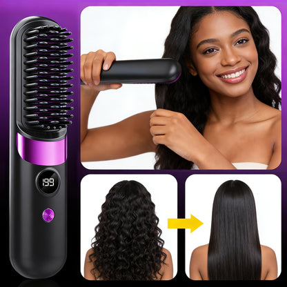 Ionic Hair Straightener Brush USB-C Rechargeable 3-in-1 Straightener Curler Styler, Adjustable Temperature