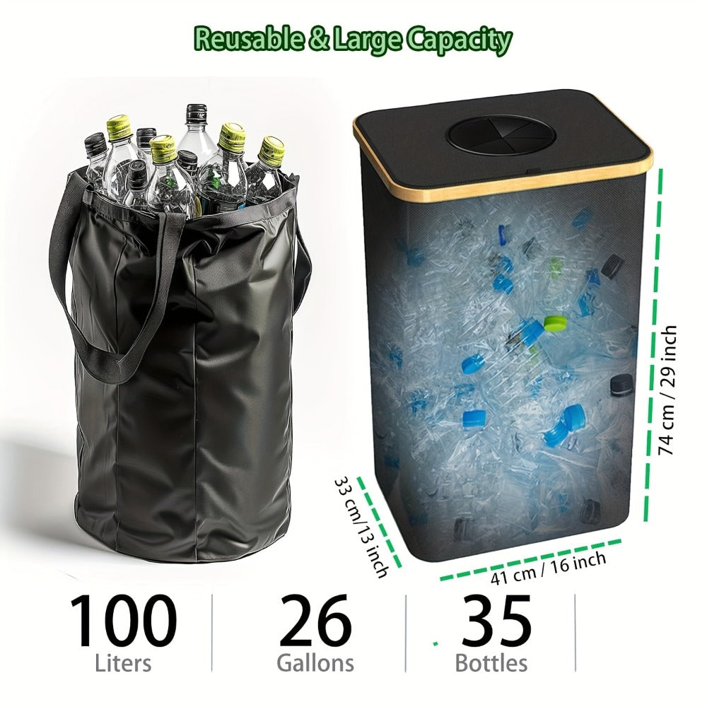 Recycling Bin 26 Gallon 100L with Lid & Removable Inner Bag, Large Collapsible Trash Can for Bottles Cans Glass & Plastic Waste