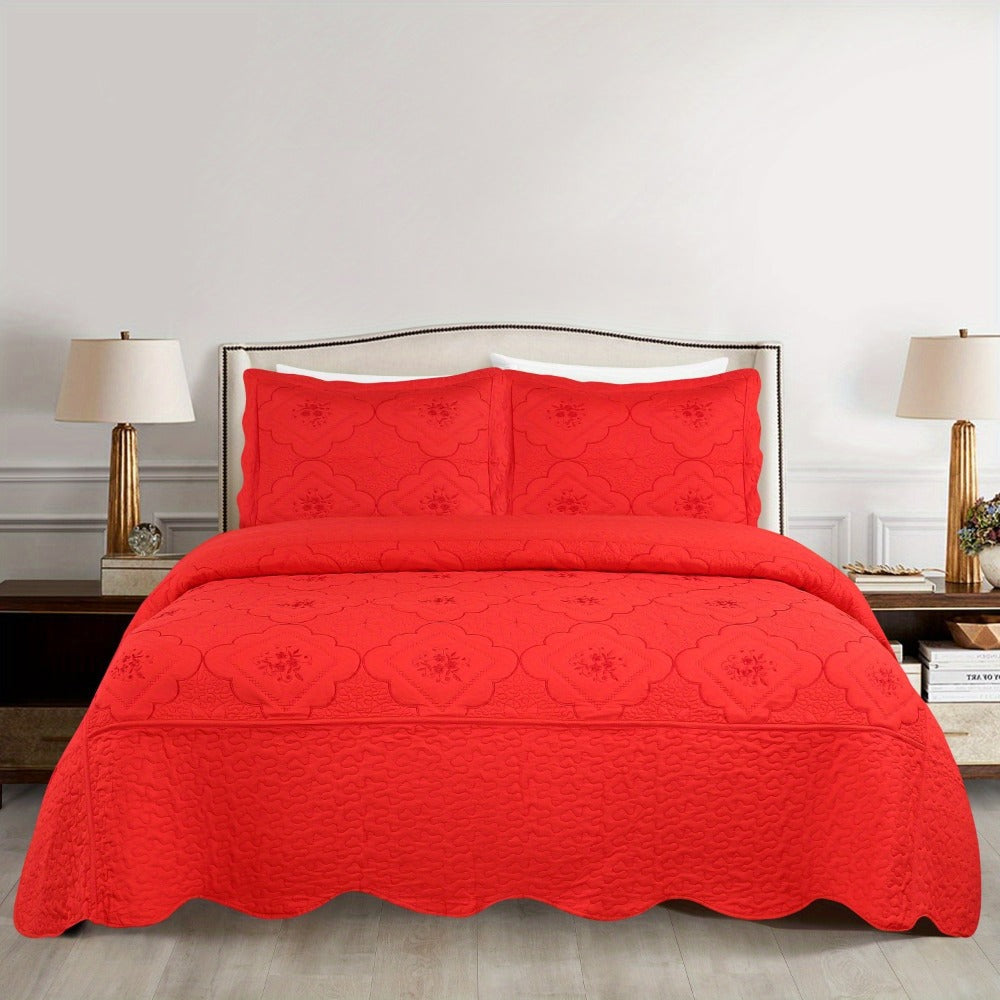 Quilt Set 3 Piece Floral Embroidery Bedspread – 100% Polyester Wrinkle Resistant Lightweight Quilted Coverlet with 2 Pillow Shams for Full