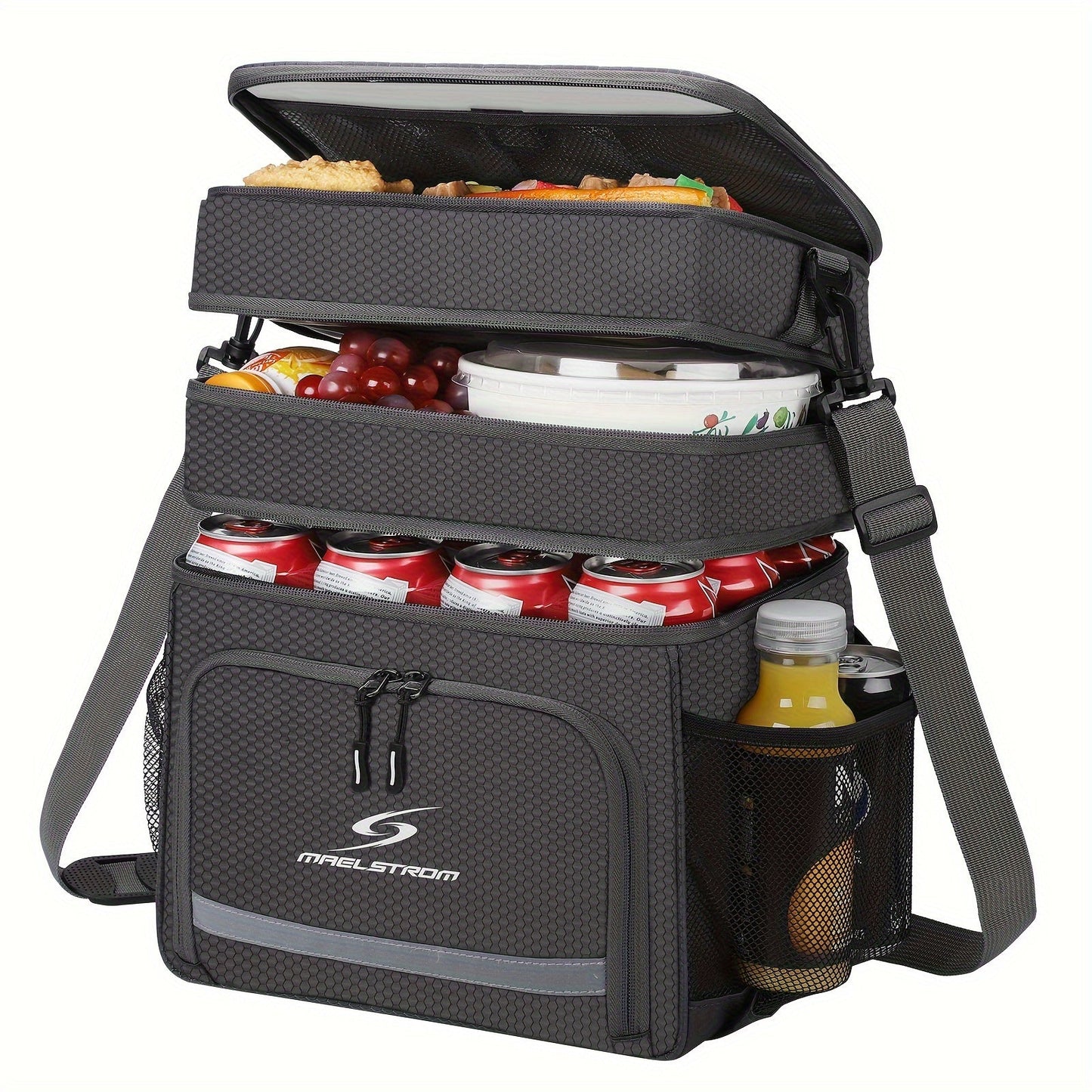 19L Triple-Compartment Lunch Bag with Three Stacked Zippers, Shoulder Strap and Four Color Options