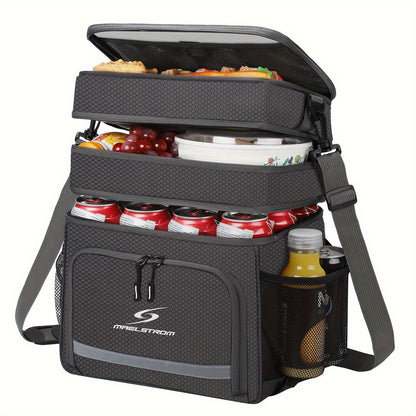 19L Triple-Compartment Lunch Bag with Three Stacked Zippers, Shoulder Strap and Four Color Options
