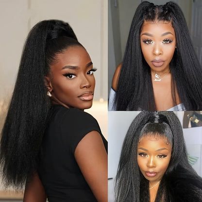 Synthetic Wig 26-Inch Black Kinky-Straight Yaki with HD Lace Front, Glueless Cap and with Item-Specific Color, Length, Texture and Cap