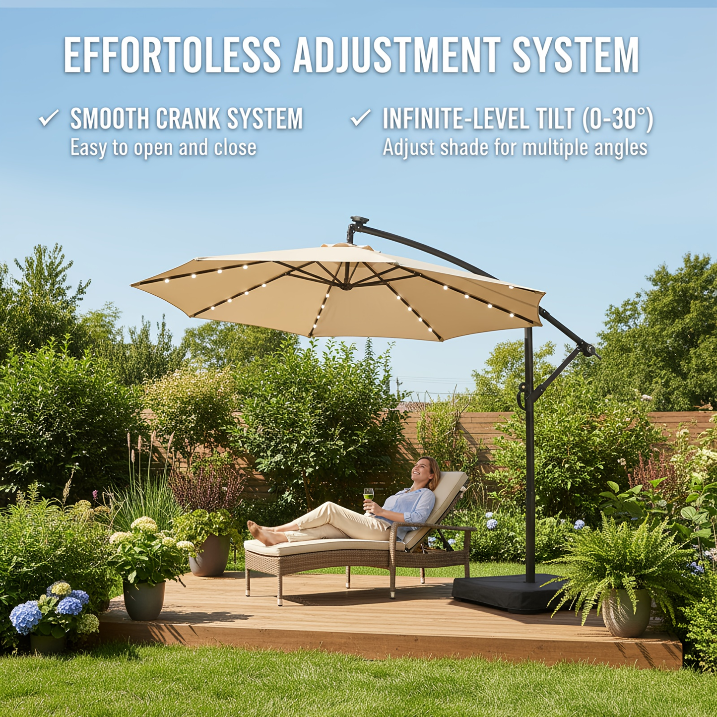 Patio Umbrella 10FT Offset Cantilever Solar LED Style with Tilt, Crank and 16 Base-Choice Color Options