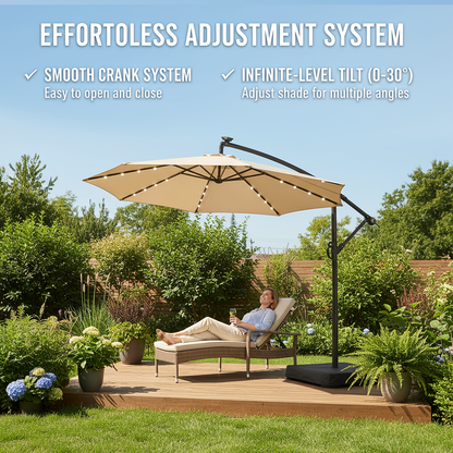 Patio Umbrella 10FT Offset Cantilever Solar LED Style with Tilt, Crank and 16 Base-Choice Color Options