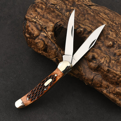Folding Pocket Knife Handcrafted Multi-Tool with White Copper Finish, Wood Grain & Cow Bone Handle – Portable EDC Blade for Camping