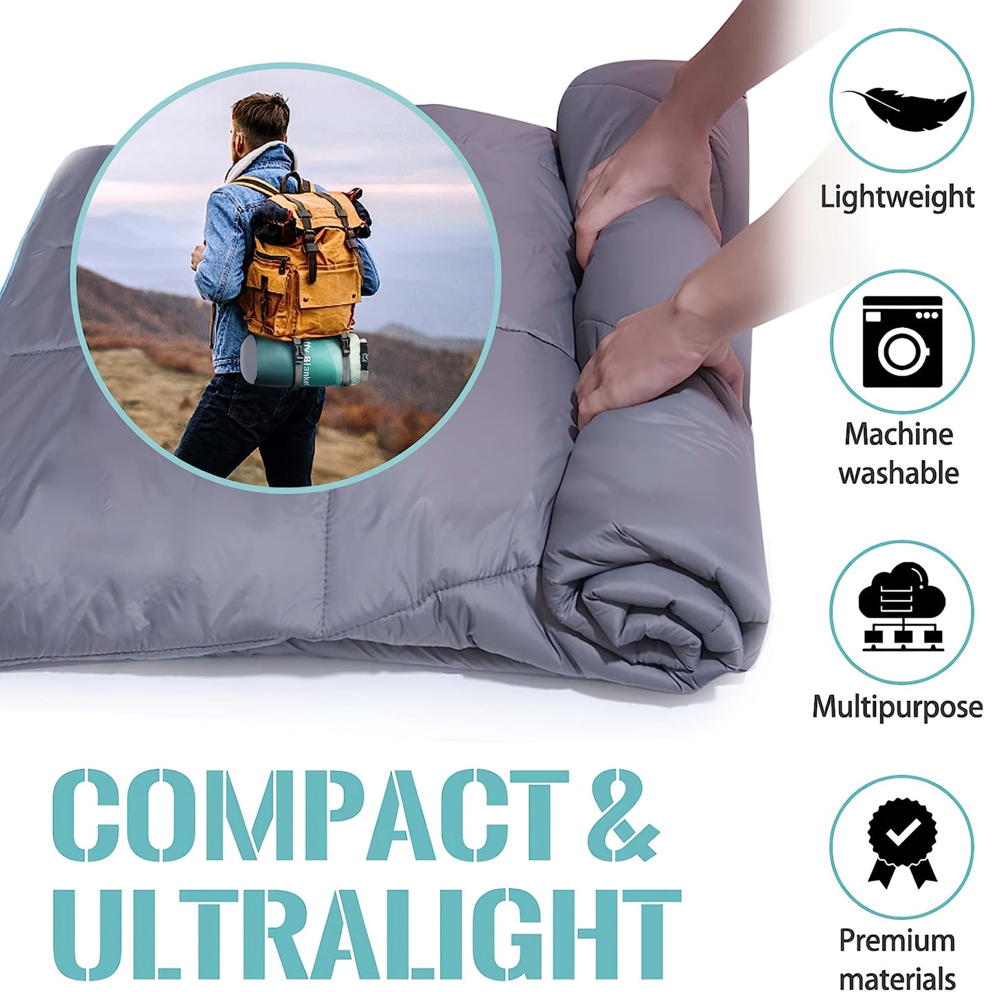 Camping Blanket Puffy Outdoor Down Alternative Windproof Warm 55x79 Inch Lightweight Printed Quilt for Beach Picnic Hammock Travel Cold