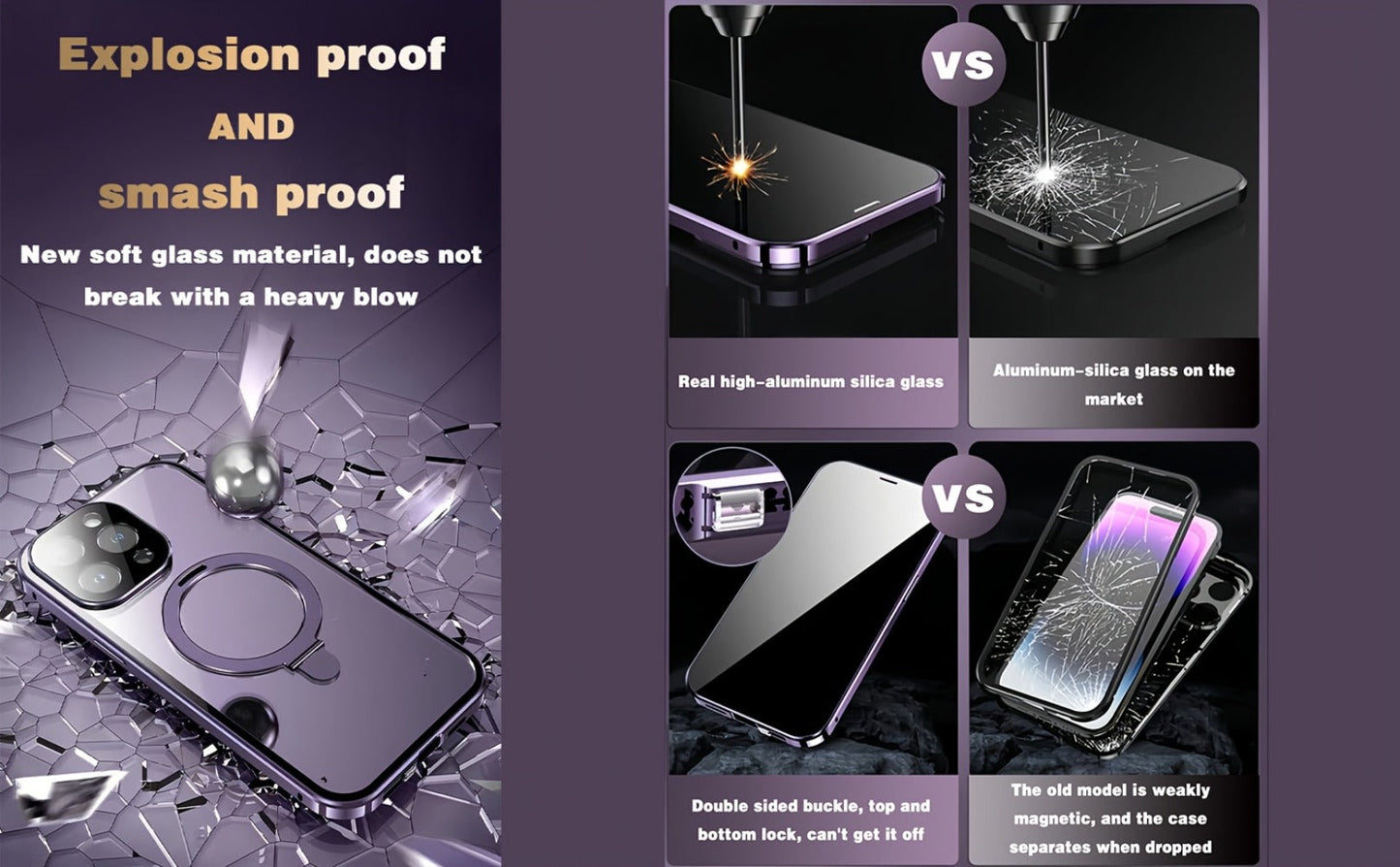 Phone Case Privacy-Panel Double-Sided Tempered Glass Cover with Snap Lock and Kickstand for iPhone 15 Models