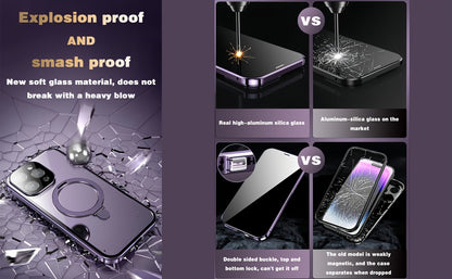 Phone Case Privacy-Panel Double-Sided Tempered Glass Cover with Snap Lock and Kickstand for iPhone 15 Models