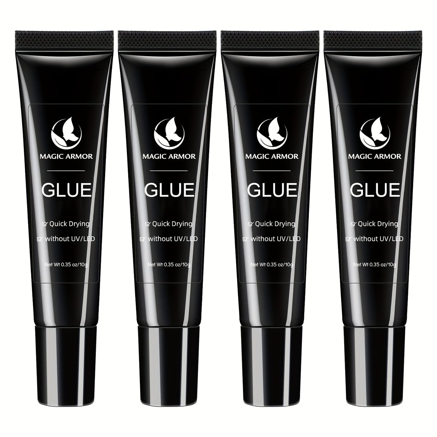 Nail Glue Set, MAGIC ARMOR Four 0.35oz Black Squeeze Tubes with Precision Nozzles for Press-On Nails