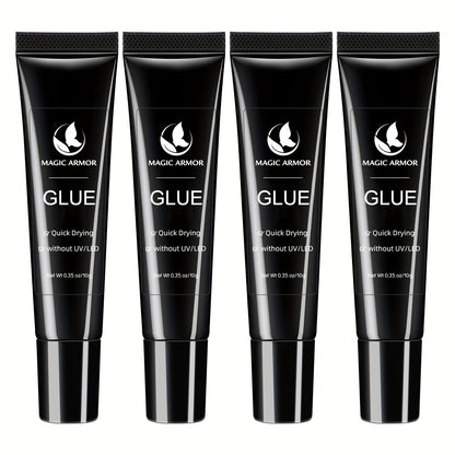 Nail Glue Set, MAGIC ARMOR Four 0.35oz Black Squeeze Tubes with Precision Nozzles for Press-On Nails