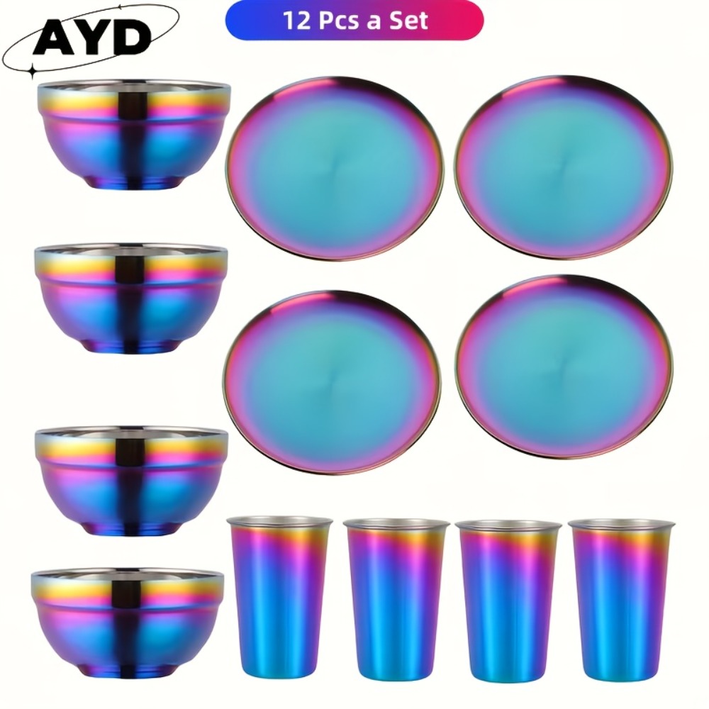 Camping Tableware Set Stainless Steel Rainbow Plates Bowls Cups with Forks Spoons Knives Outdoor for Camping, Travel and Outdoor Use