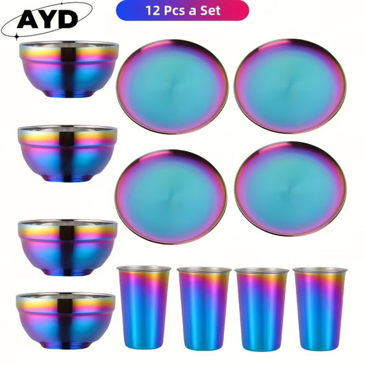 Camping Tableware Set Stainless Steel Rainbow Plates Bowls Cups with Forks Spoons Knives Outdoor for Camping, Travel and Outdoor Use
