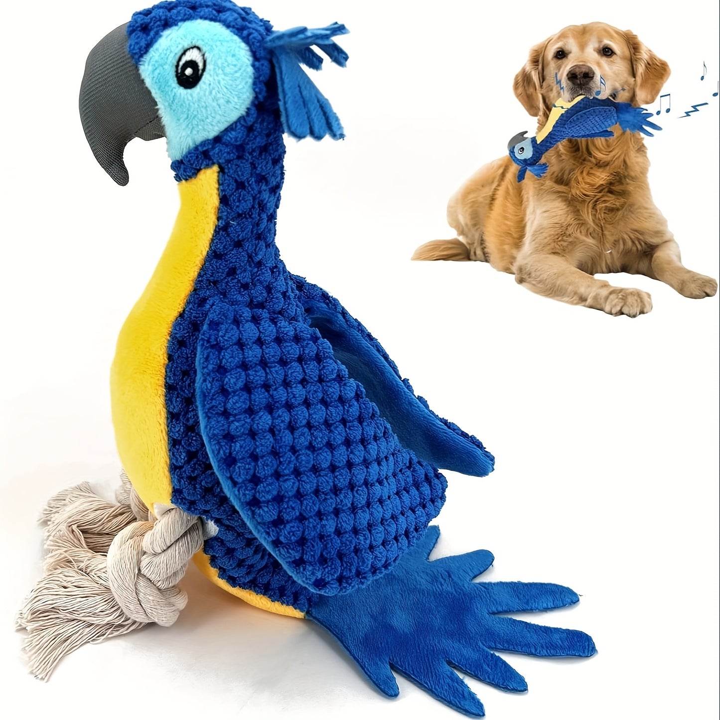 Squeaky Dog Toy Plush Parrot with Rope Interactive Chew Toy Soft Durable Stuffed Animal for Teething Puppies Small Medium Large Dogs
