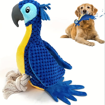 Squeaky Dog Toy Plush Parrot with Rope Interactive Chew Toy Soft Durable Stuffed Animal for Teething Puppies Small Medium Large Dogs