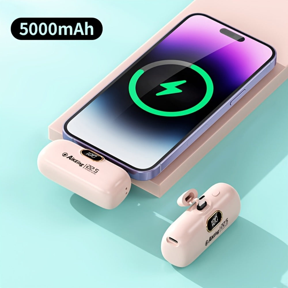 Mini Power Bank 5000mAh with Built-in USB-C Connector Fast Charging, Ultra-Compact Pocket Portable Charger for iPhone Android Samsung