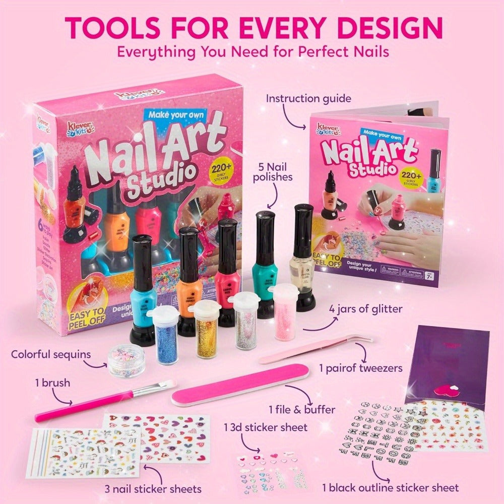 Kids Nail Art Kit for Girls, Nail Polish Set with Glitter Stickers & Sequins 220+ Designs for Home and Salon Manicures