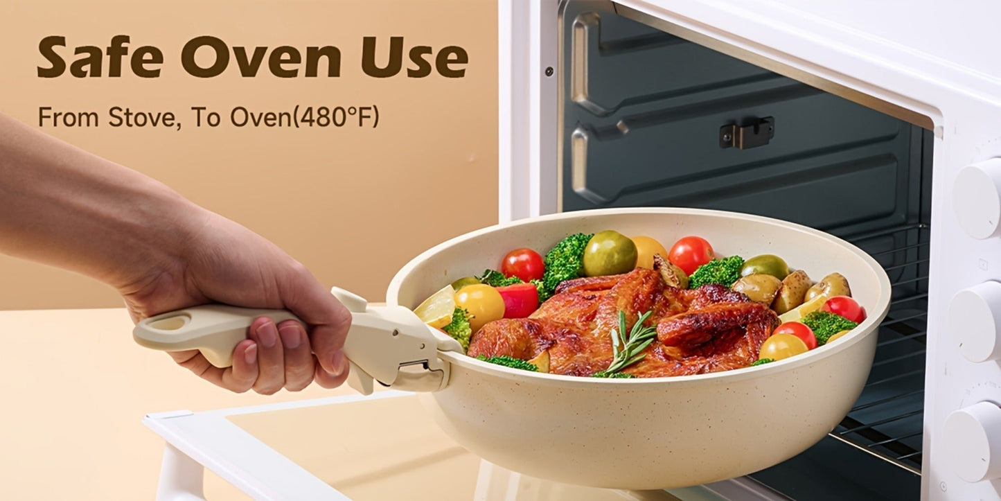 Cookware Set A Dinnerware 16- or 26-Piece Detachable-Handle Pots and Pans in Black or Beige for Compact Storage