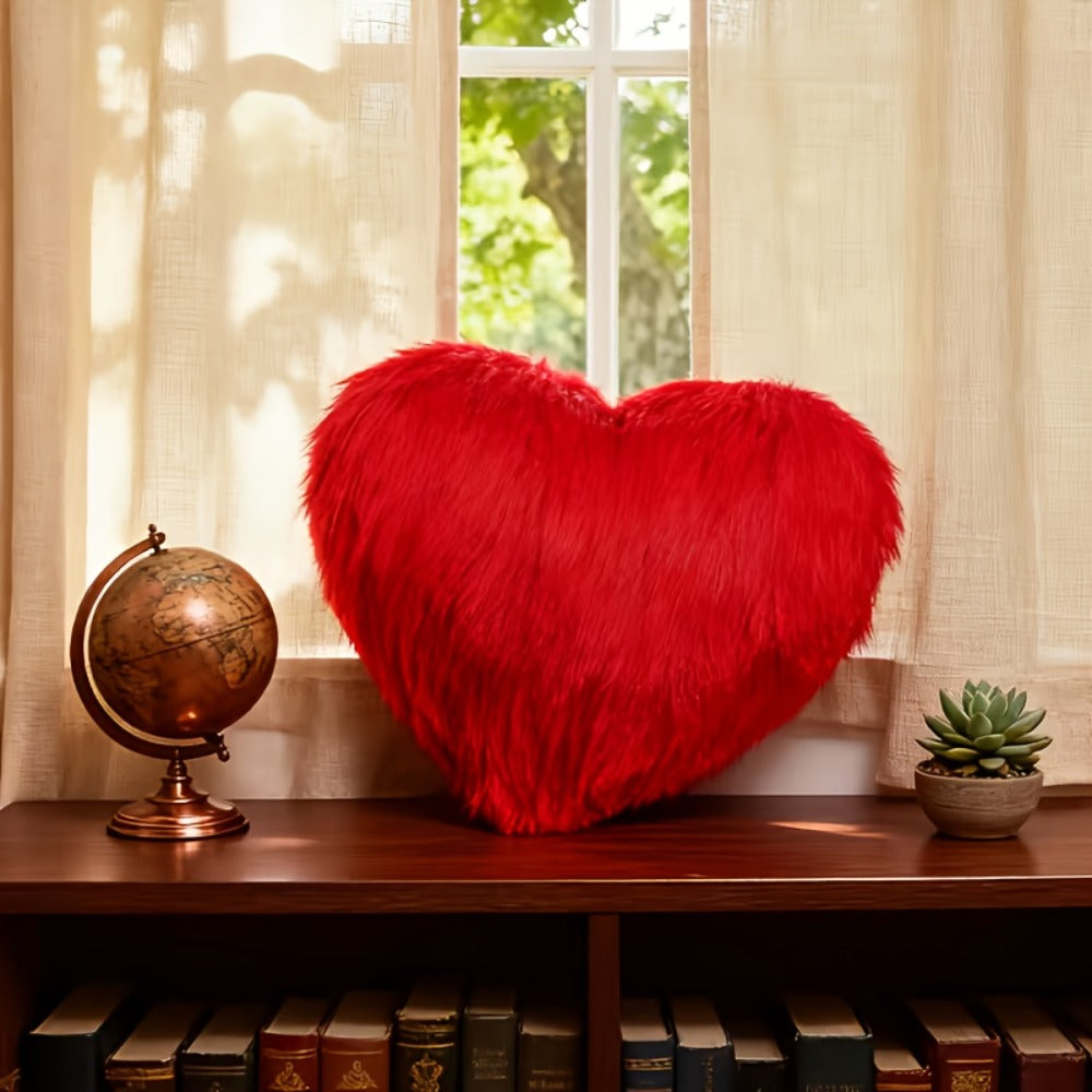 Heart Shaped Plush Pillow Cover Faux Wool Fluffy Cushion Cover for Sofa Bed Chair Car – Valentine's Day Decor Throw Pillowcase 17" Soft