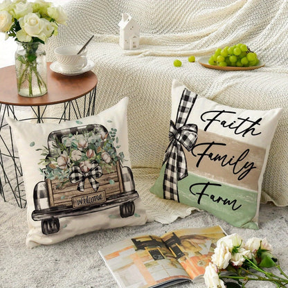 Four-Piece 18 x 18-Inch Farmhouse Botanical Throw Pillow Cover Set with Eucalyptus and Plaid Prints