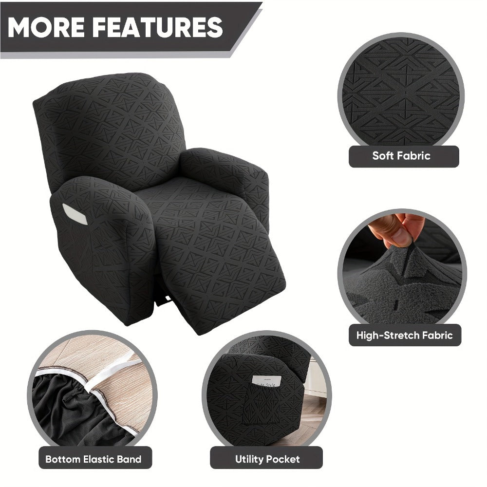 Four-Piece Geometric Jacquard Recliner Chair Cover Set with Labeled Left, Right, Back and Front Sections