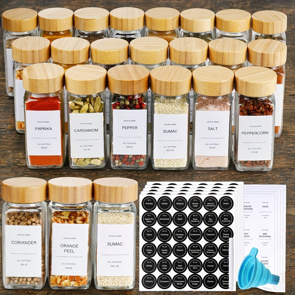 Glass Spice Jars with Labels and Lids 4oz, Empty Spice Bottles with Foldable Funnel for Kitchen Organization