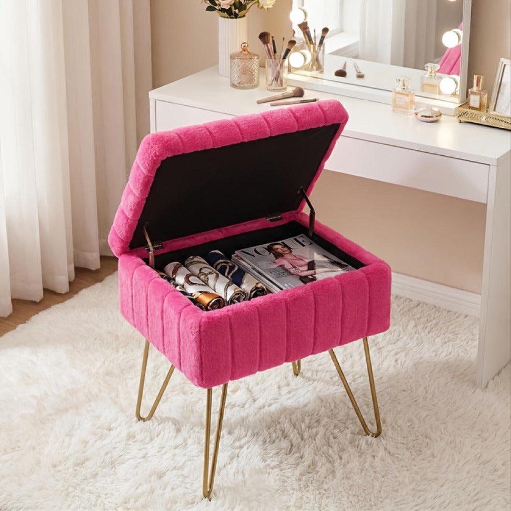 Faux Fur Storage Ottoman Stool, Furry Vanity Seat with Storage, 4 Metal Legs & Feet, Cute Modern Multi-Function Chair for Bedroom