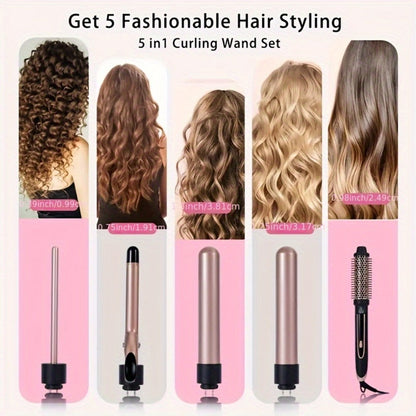 Ceramic Curling Iron Set 5-in-1 with Interchangeable Barrels & Heat Brush, Professional Hair Curler Wand Styling Kit for Waves & Curls