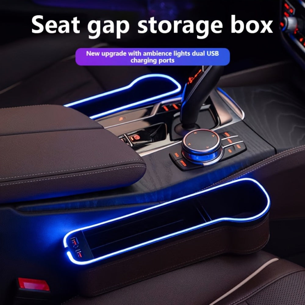 Black Lighted Seat-Gap Car Organizer with Phone Slot, USB Ports and Driver, Passenger or Pair Options