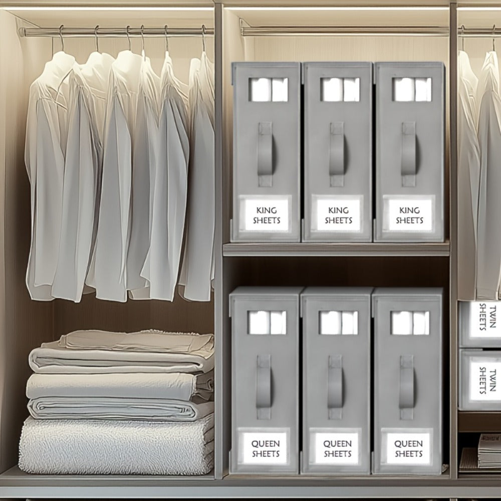Four-Pack Bed Sheet Storage Boxes with Clear Windows, Labels and Oxford or Nonwoven Fabric Options