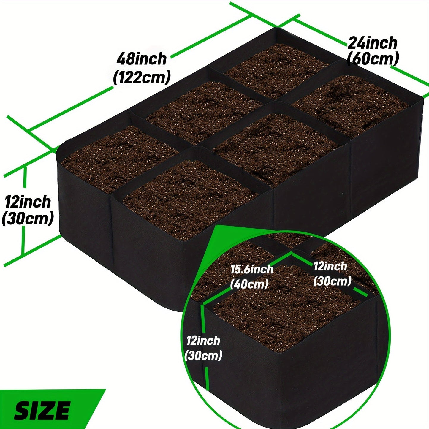 Raised Bed Grow Bag 128 Gallon 6 Grids 48x24x12 Inch | Breathable Fabric Planter for Vegetables Potatoes Flowers | Rectangle Garden Bed