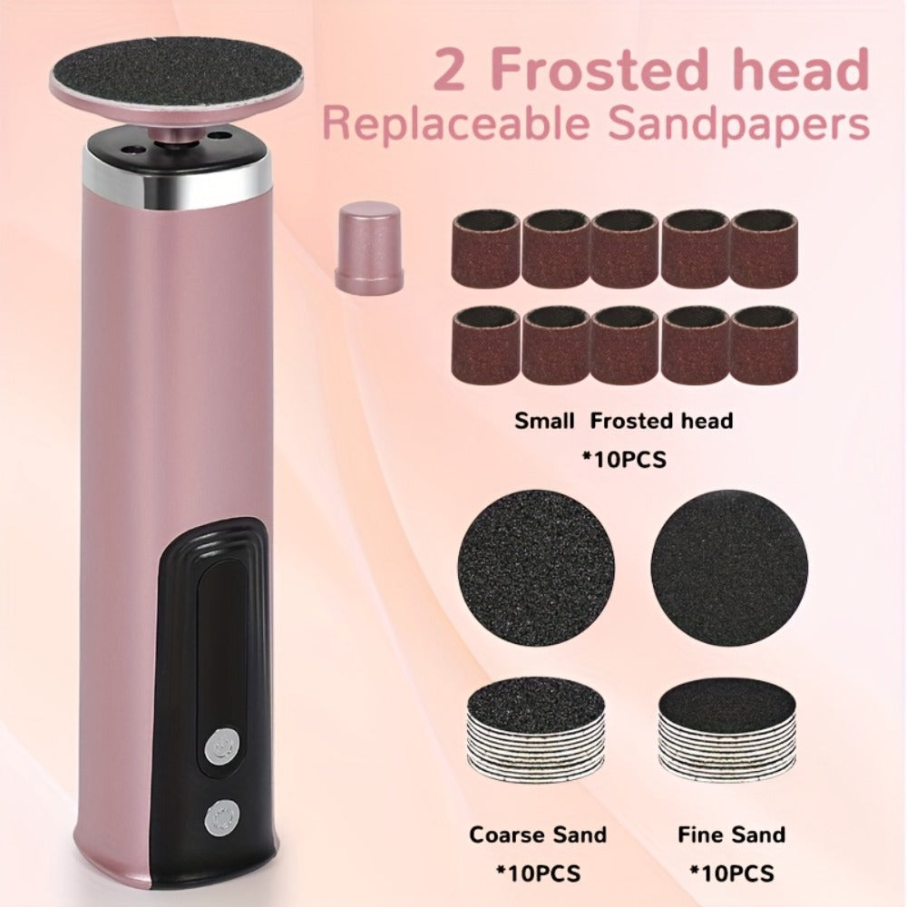 Rechargeable Electric Foot File and Callus Remover with Two Heads and Ten Sandpaper Pads in Pink