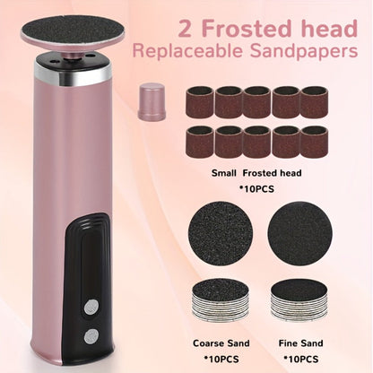 Rechargeable Electric Foot File and Callus Remover with Two Heads and Ten Sandpaper Pads in Pink