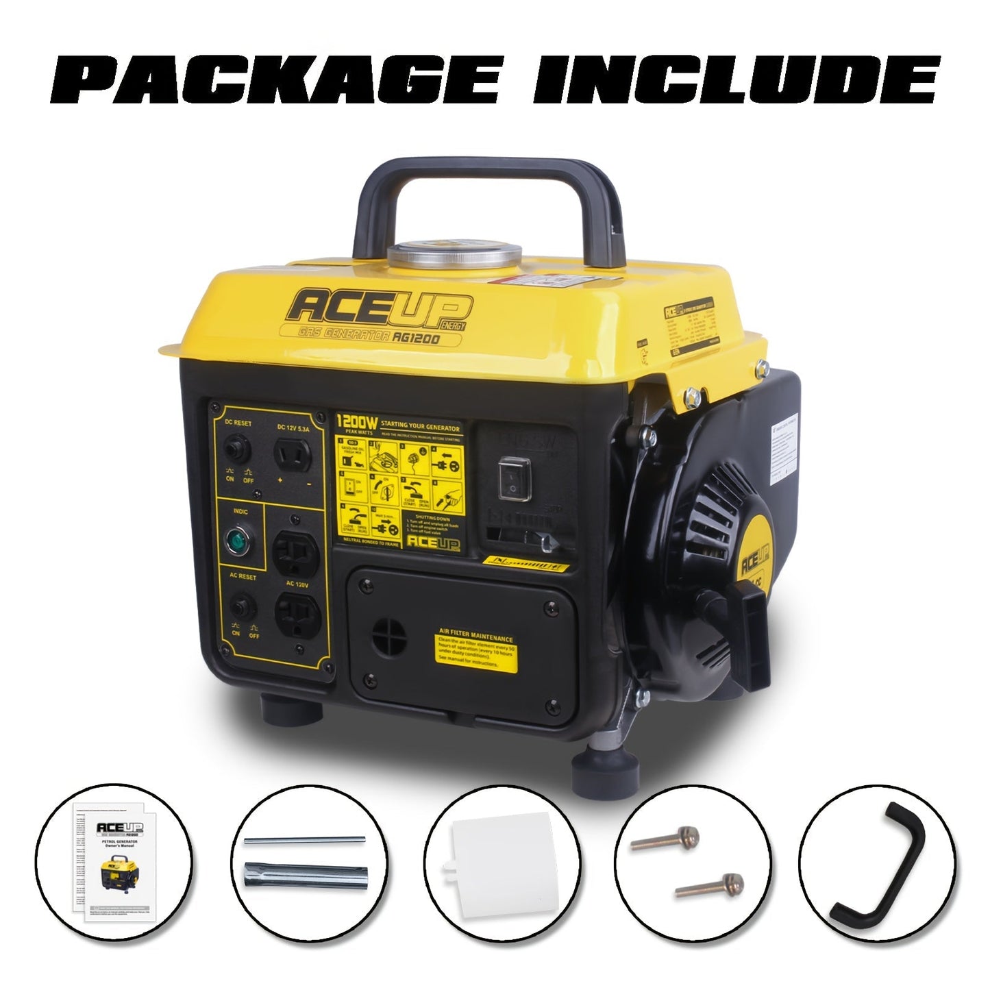 Portable Gas Generator 1200W Peak 900W Rated, 71cc 2-Cycle Engine Recoil Start AC DC Outlets