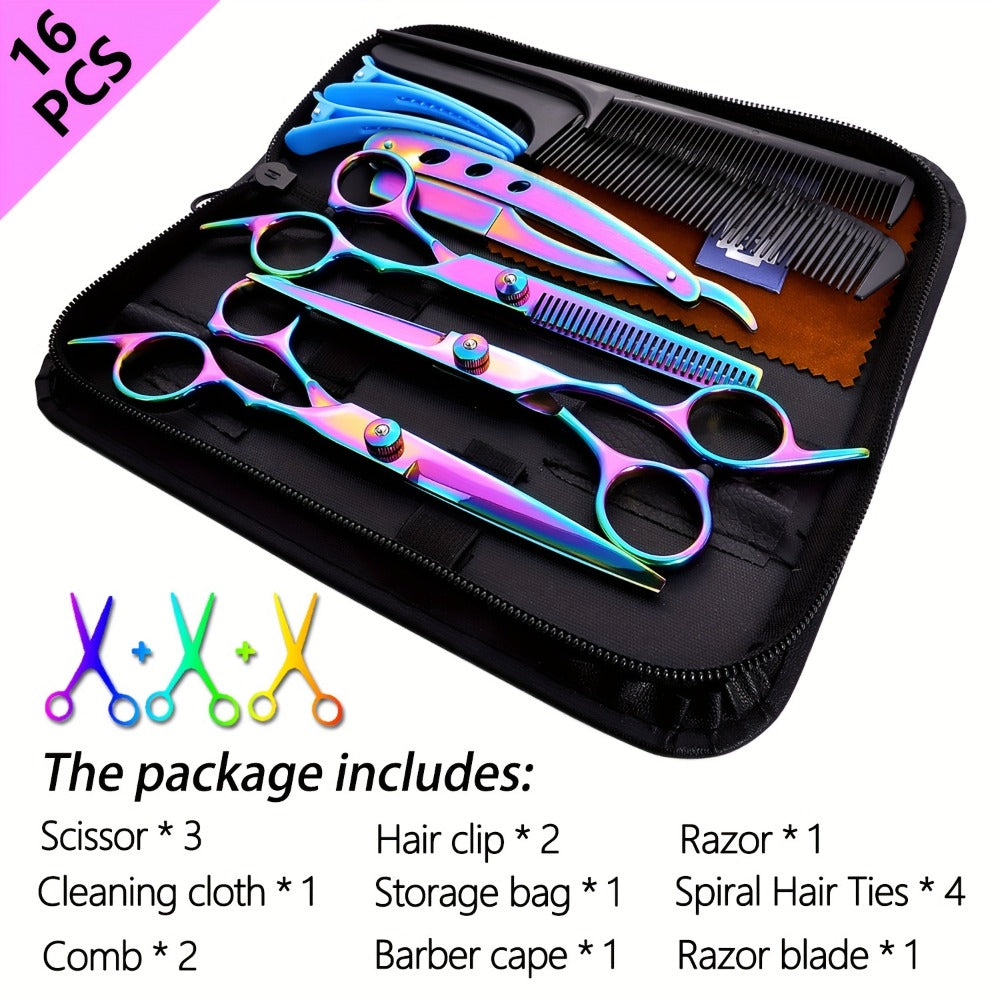 Professional Hair Scissors Set 16pcs 6.0 Inch – Thinning Shears Bangs Flat Cut Blending Salon Shears Diagonal Tail Design Hair Cutting Kit