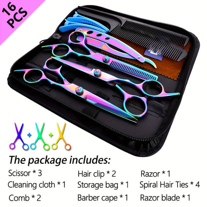 Professional Hair Scissors Set 16pcs 6.0 Inch – Thinning Shears Bangs Flat Cut Blending Salon Shears Diagonal Tail Design Hair Cutting Kit