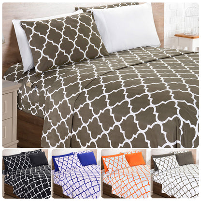 Bed Sheet Set Geometric Trellis Microfiber in Size-Dependent 4- or 6-Piece Configuration with 16-Inch Pocket