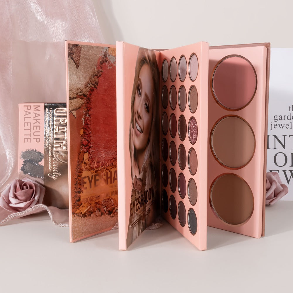 Eyeshadow Palette Book Style SHCOETY 4-in-11 Makeup Kit, 24-Color Eyeshadow + 6-Color Highlighter + 6-Color Blush + 7-Color Contour